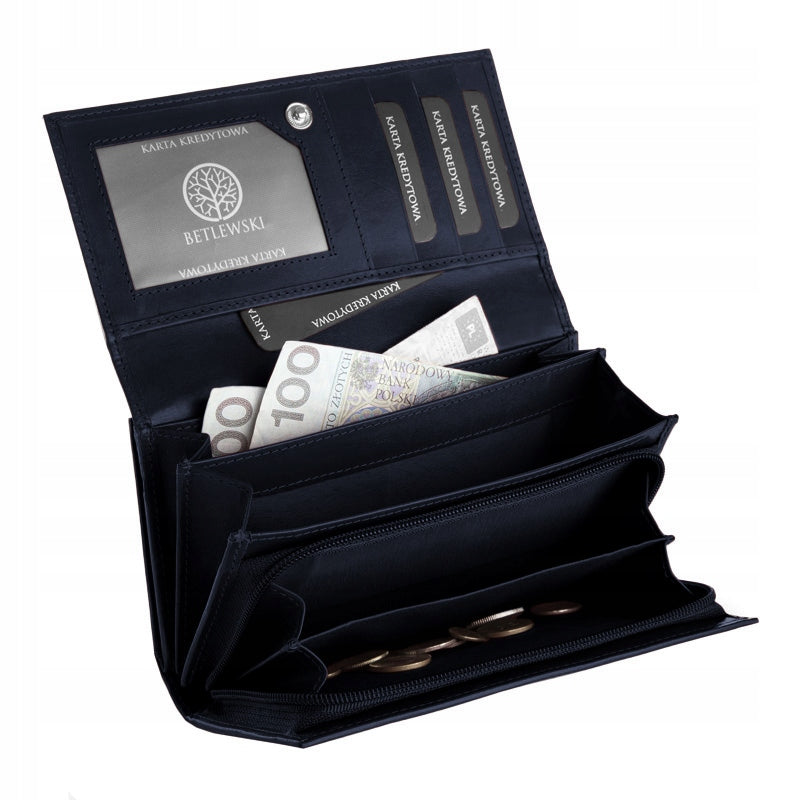Didelė moteriška odinė piniginė su užsegimu, daug skyrelių, kortelių apsauga BETLEWSKI