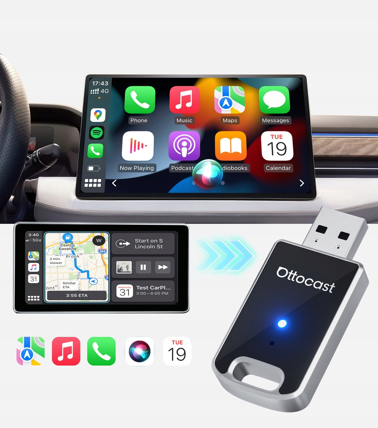 Belaidis Automobilinis Adapteris USB Android Auto Apple CarPlay OTTOCAST
