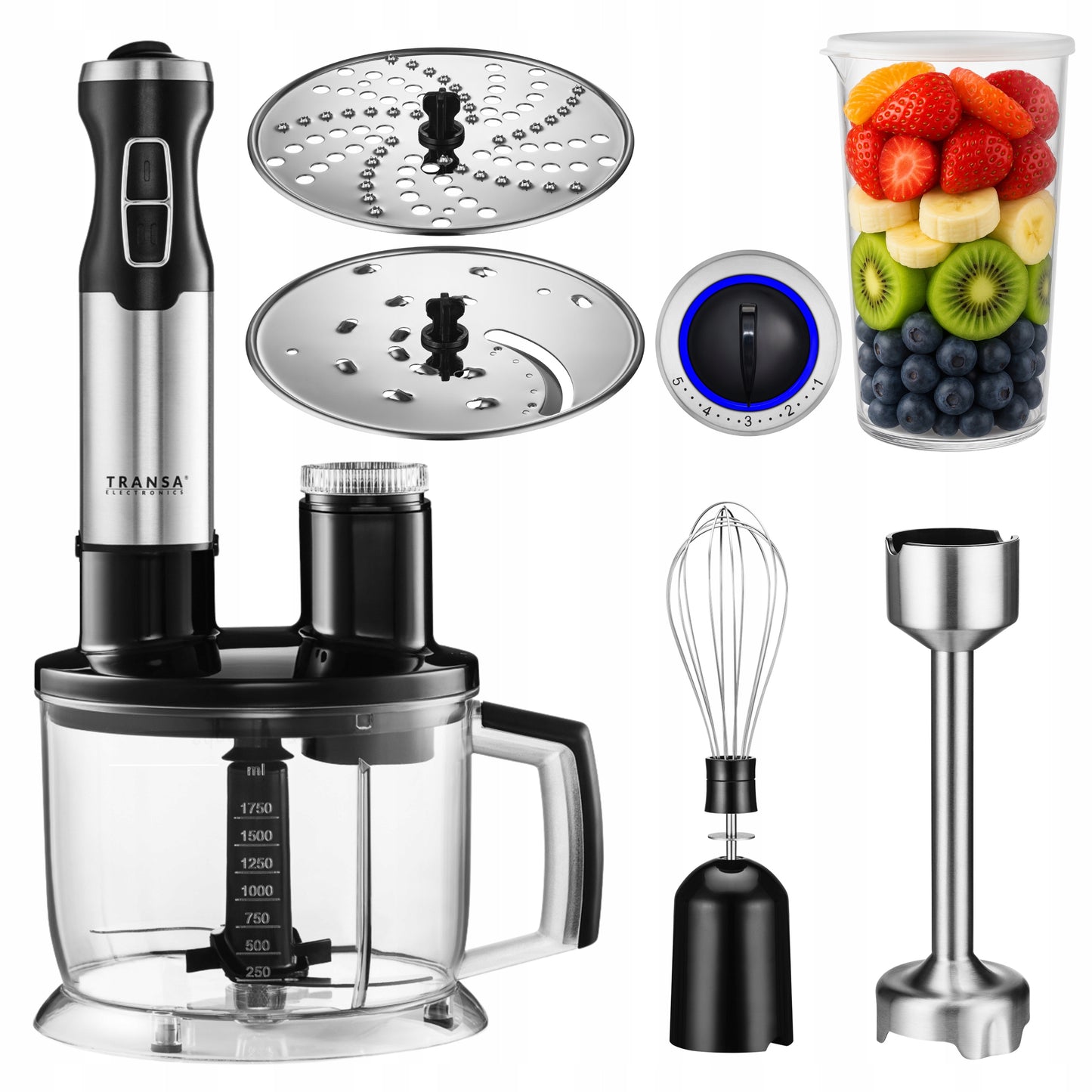 Daugiafunkcis rankinis smulkintuvas 4in1 rinkinys, virtuvės kombainas, 5 greičio pakopos, galingas 1500W