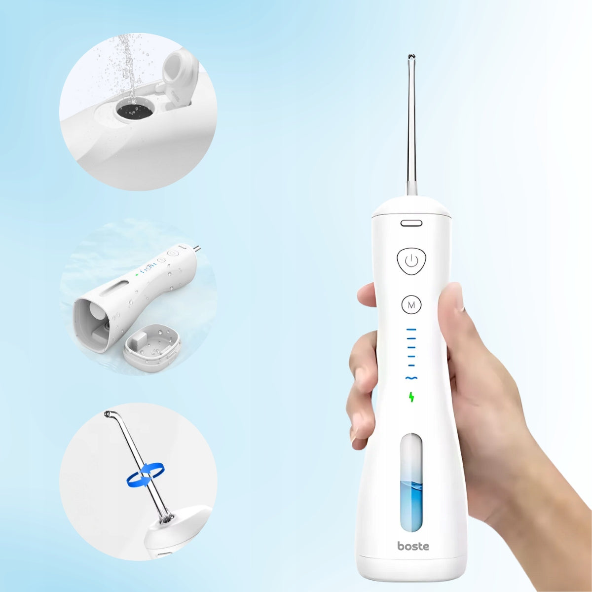 BOSTE Belaidis Galingas Burnos Irigatorius 6 Režimai 4 Antgaliai