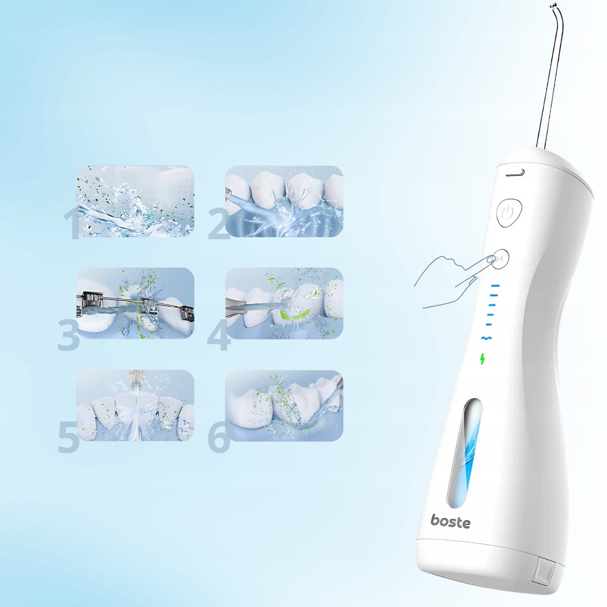 BOSTE Belaidis Galingas Burnos Irigatorius 6 Režimai 4 Antgaliai