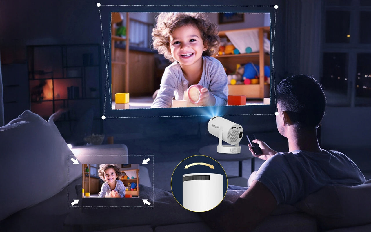 NEŠIOJAMAS PROJEKTORIUS BOSTE, ANDROID, WIFI, HD 720P, LED, SUKAMAIS GARSIAKALBIU