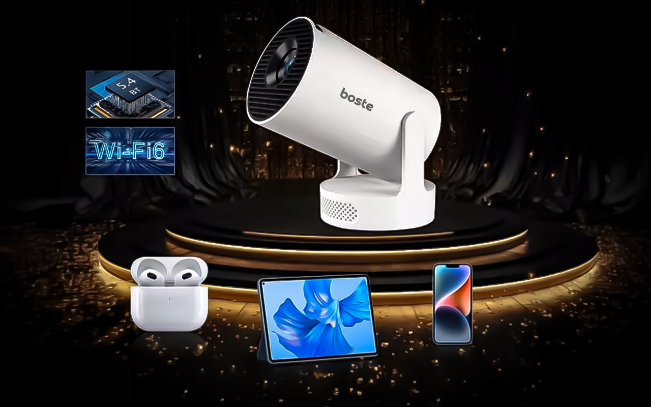 NEŠIOJAMAS PROJEKTORIUS BOSTE, ANDROID, WIFI, HD 720P, LED, SUKAMAIS GARSIAKALBIU