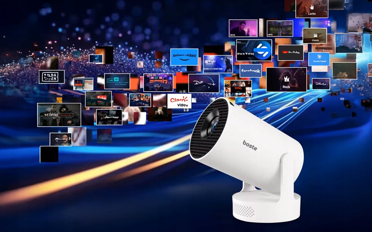 NEŠIOJAMAS PROJEKTORIUS BOSTE, ANDROID, WIFI, HD 720P, LED, SUKAMAIS GARSIAKALBIU