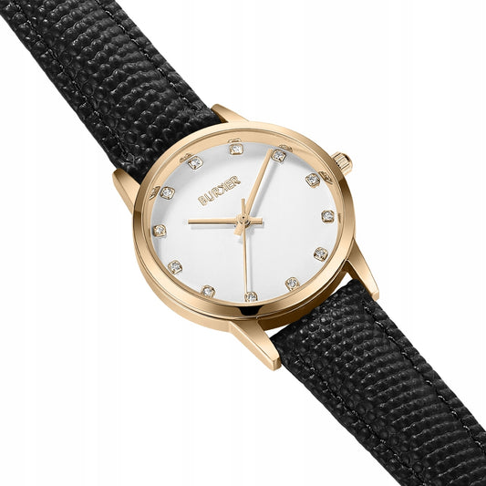 BURKER Moteriškas laikrodis - Odinis dirželis - Amy Aukso ir juodos spalvos oda