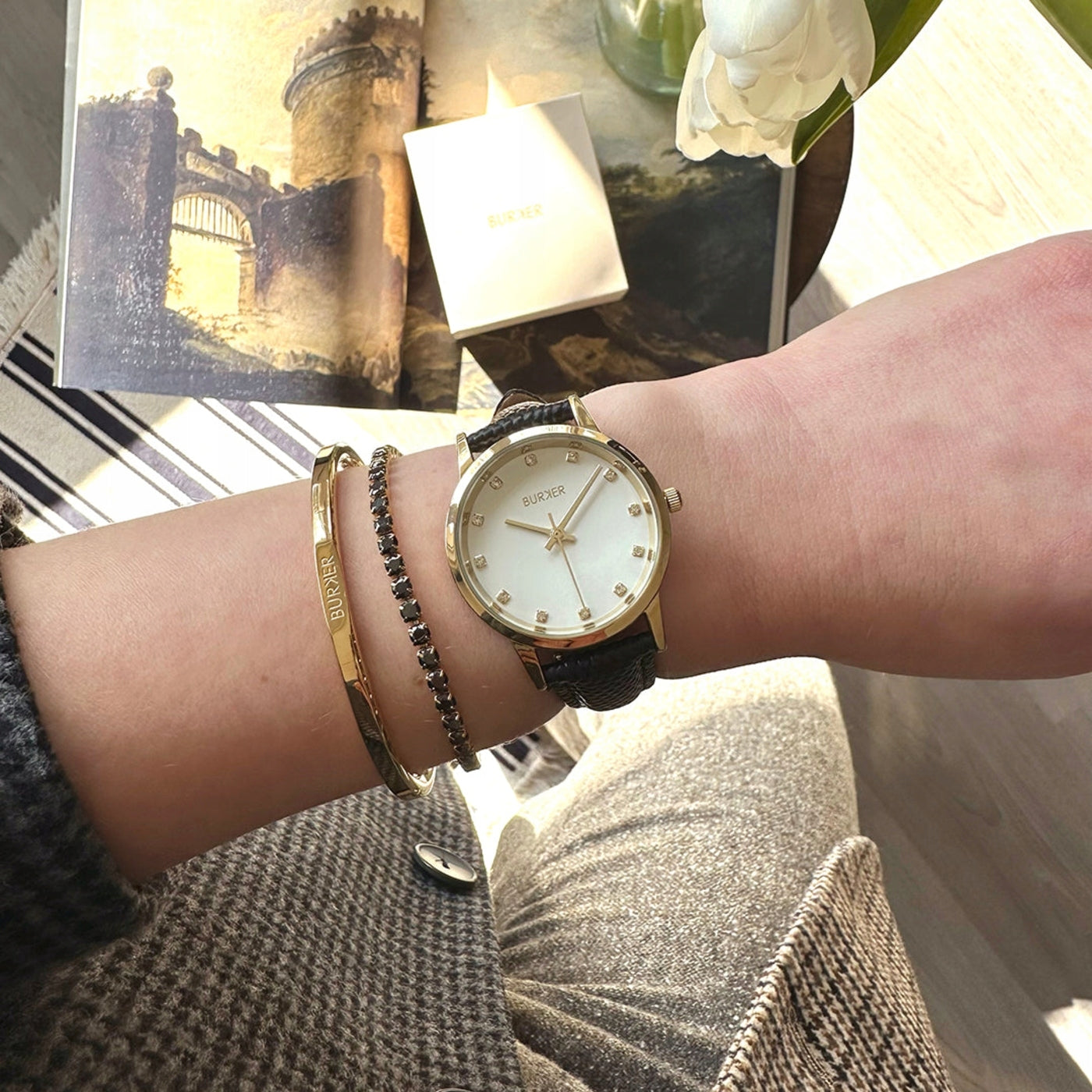 BURKER Moteriškas laikrodis - Odinis dirželis - Amy Aukso ir juodos spalvos oda