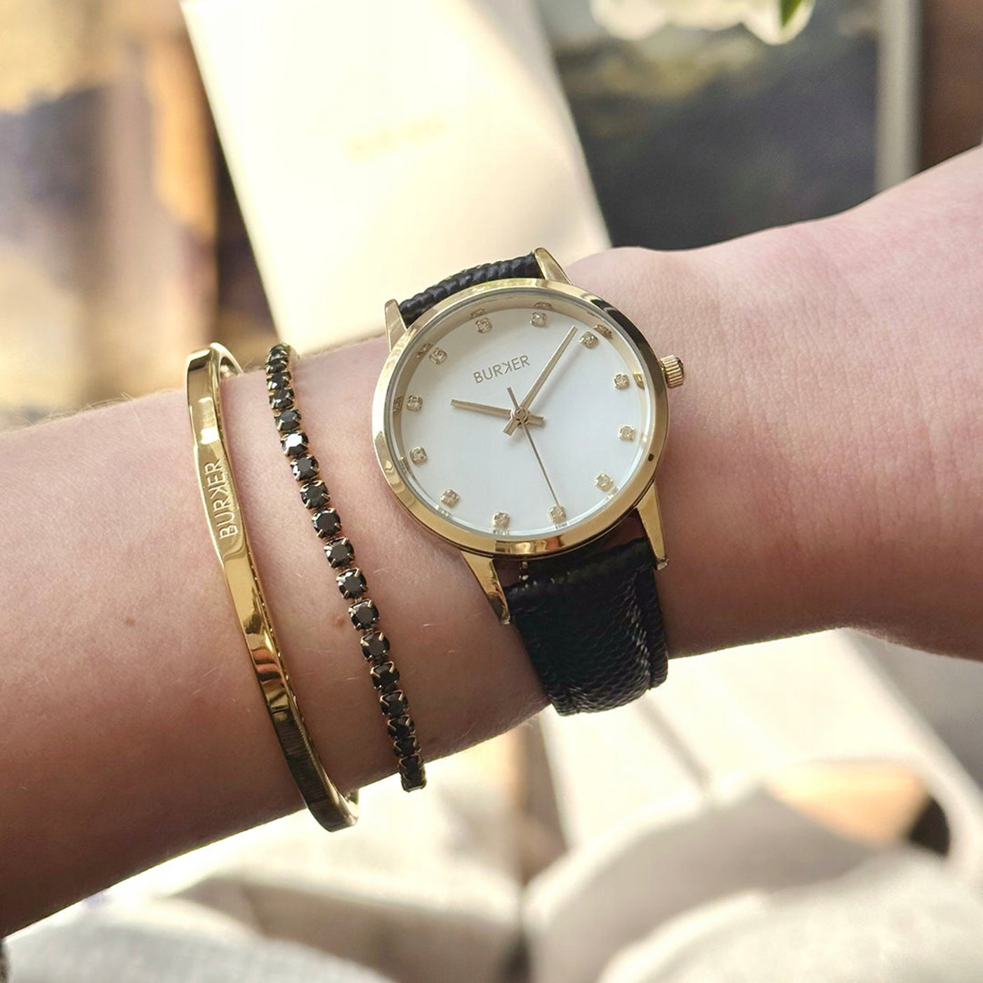 BURKER Moteriškas laikrodis - Odinis dirželis - Amy Aukso ir juodos spalvos oda