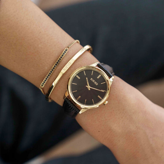 BURKER Moteriškas laikrodis Emily - Odinis dirželis - Auksinė-juoda oda