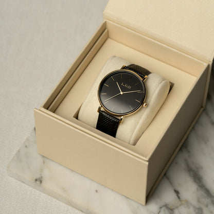 BURKER Moteriškas laikrodis Emily - Odinis dirželis - Auksinė-juoda oda