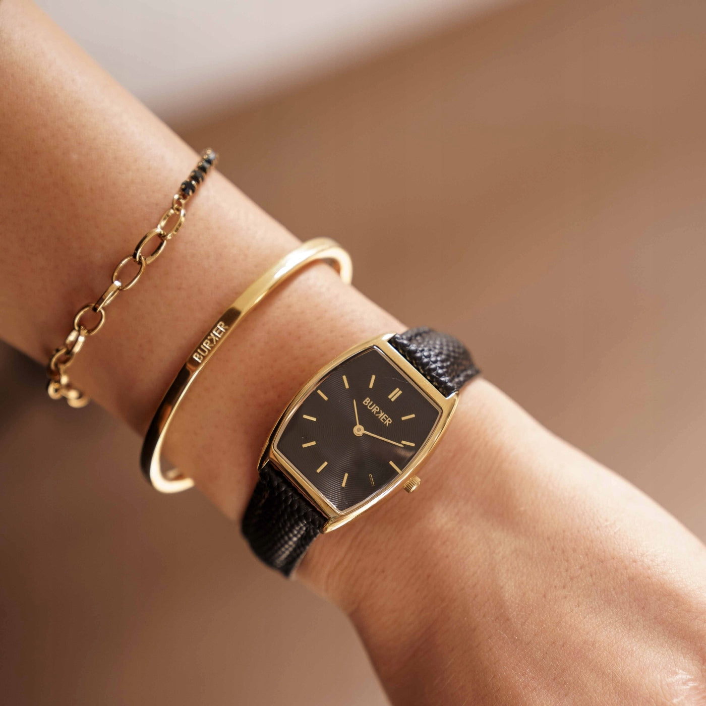 BURKER Moteriškas laikrodis - Odinis dirželis - Grace Aukso ir juodos odos