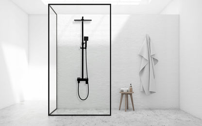 Sieninis juodas vonios ir dušo maišytuvas su lietaus galvute, rankinio dušo galvute ir žarna