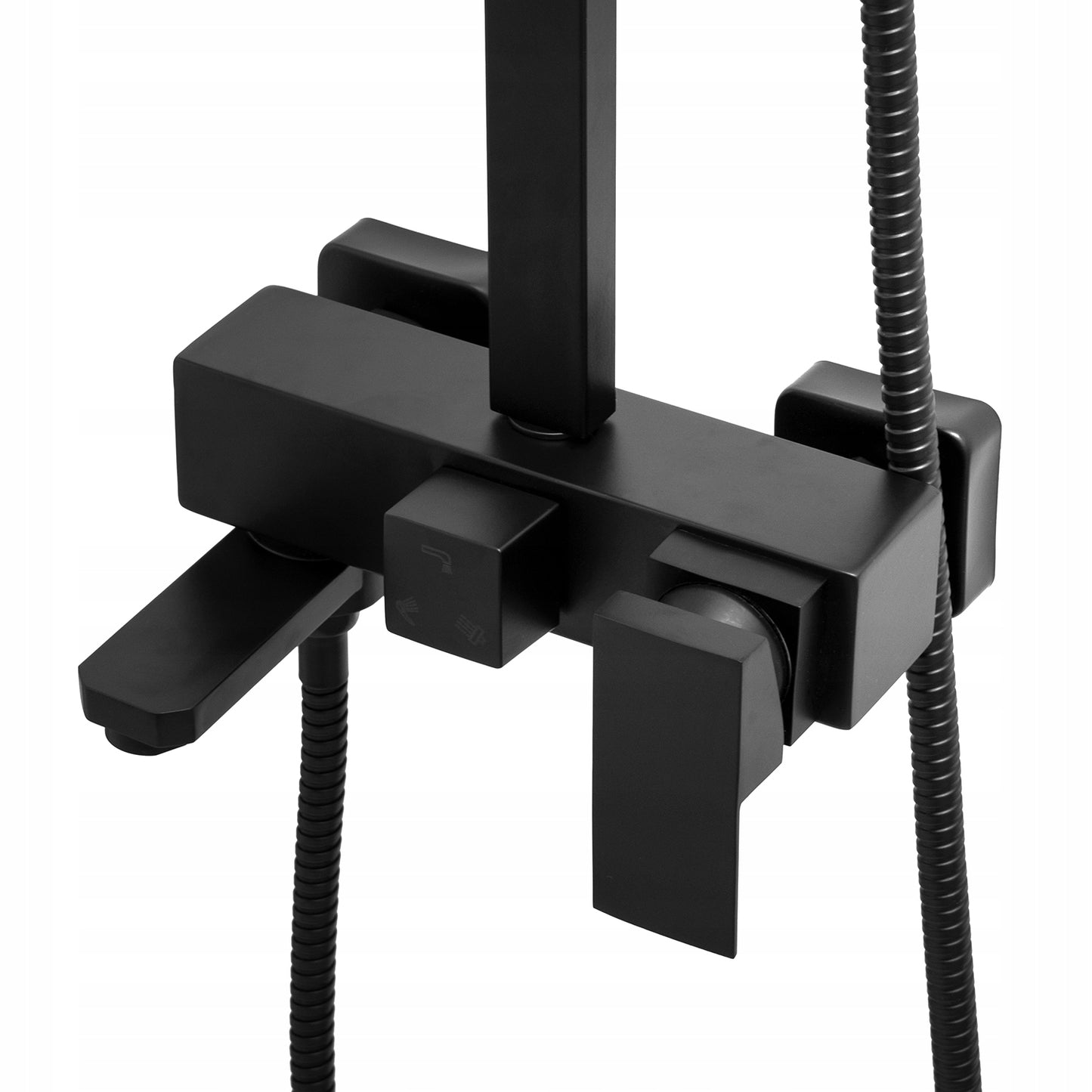 Sieninis juodas vonios ir dušo maišytuvas su lietaus galvute, rankinio dušo galvute ir žarna