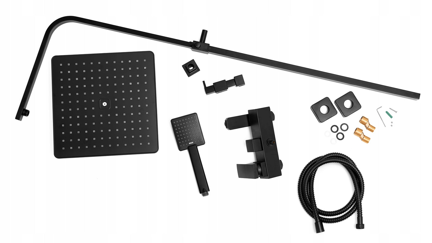 Sieninis juodas vonios ir dušo maišytuvas su lietaus galvute, rankinio dušo galvute ir žarna