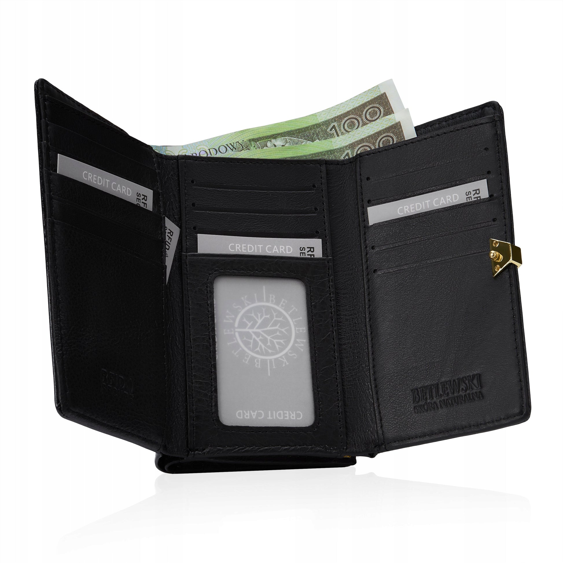 Elegantiška moteriška odinė lakuota piniginė su monetų skyriumi, Betlewski