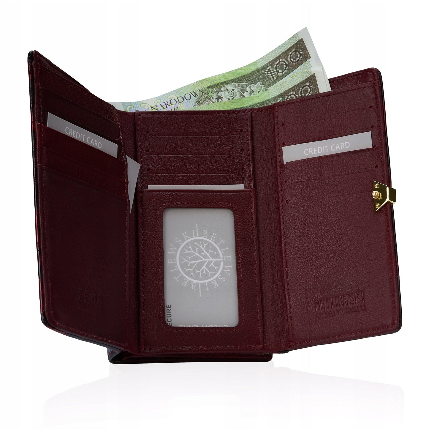 Stilinga lakuota odinė moteriška piniginė su monetų užsegimu Betlewski