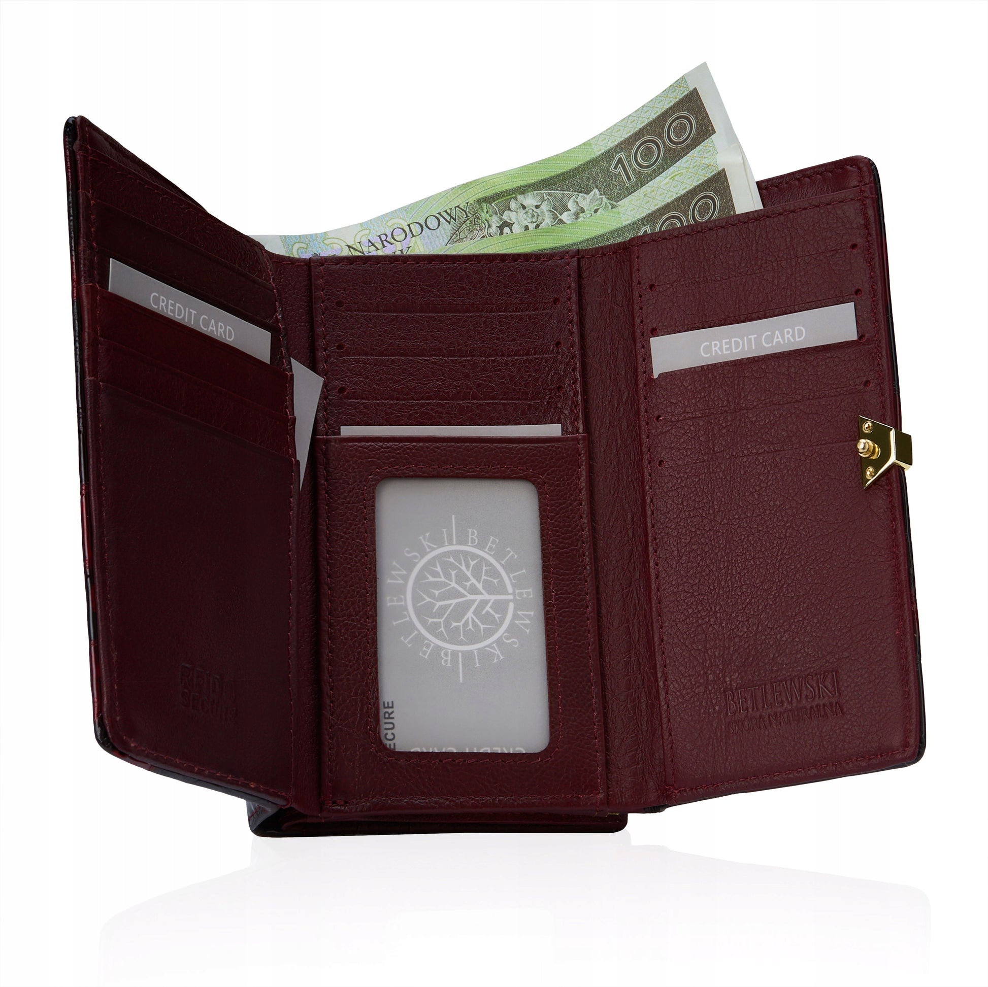 Stilinga lakuota odinė moteriška piniginė su monetų užsegimu Betlewski