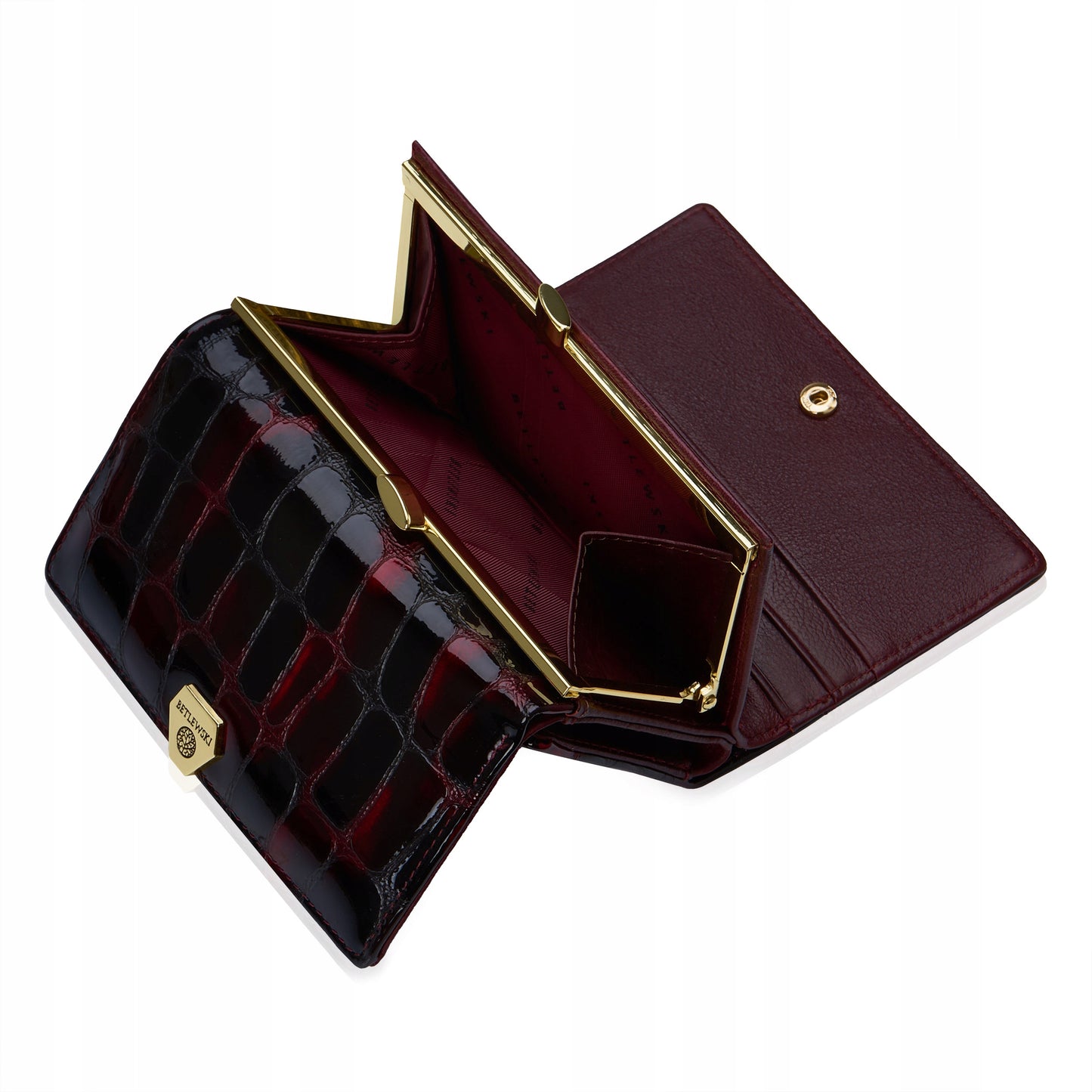 Stilinga lakuota odinė moteriška piniginė su monetų užsegimu Betlewski