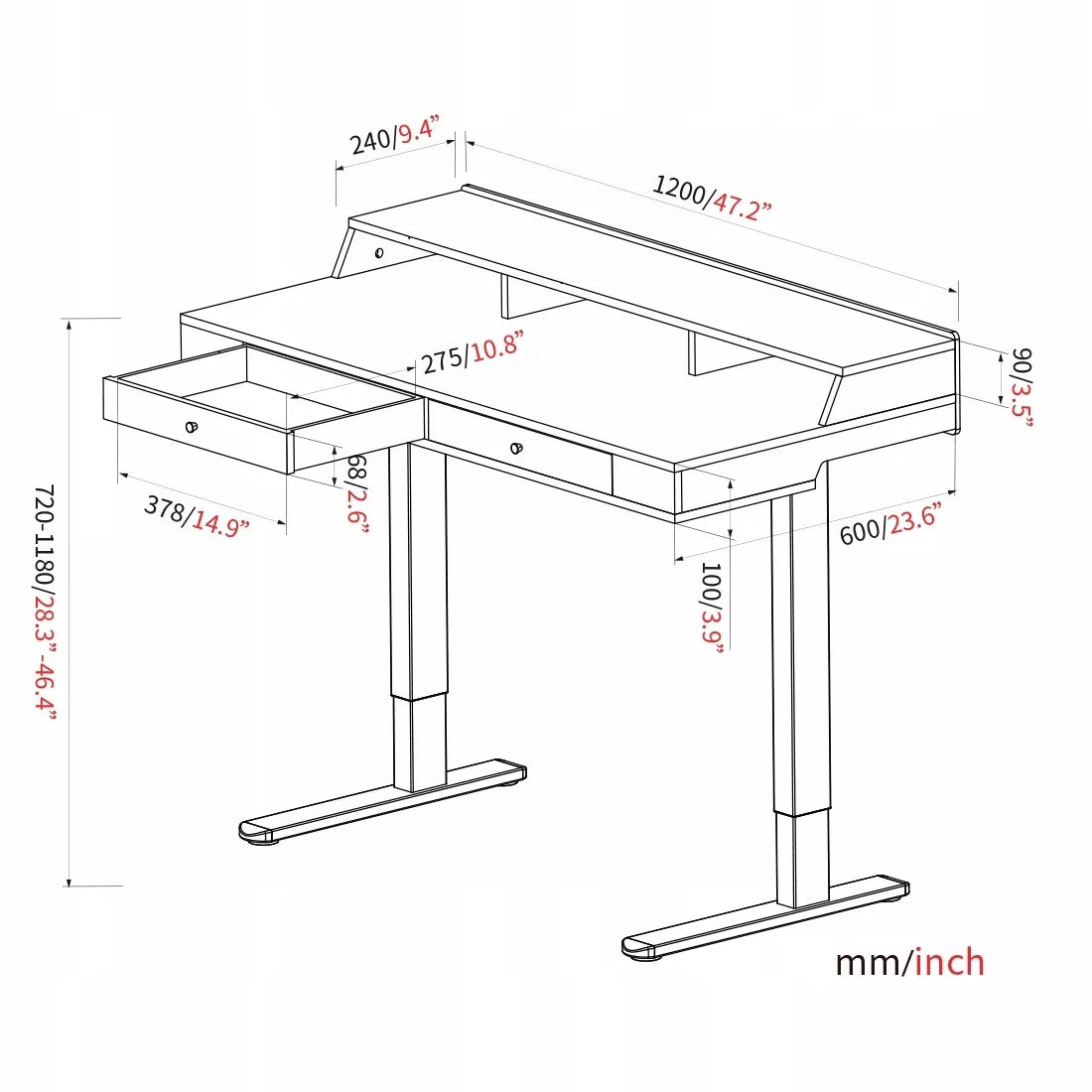 Elektrinis reguliuojamo aukščio rašomasis stalas 120x60cm, aukščio reguliavimas Spacetronik 72–118cm
