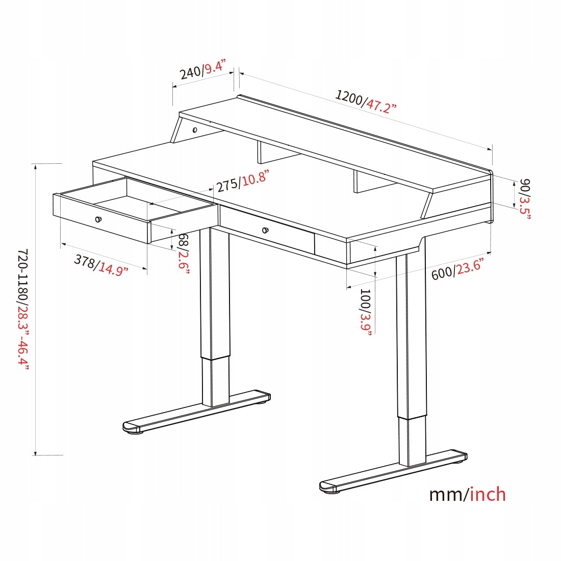 Elektrinis reguliuojamo aukščio rašomasis stalas 120x60cm, aukščio reguliavimas Spacetronik 72–118cm