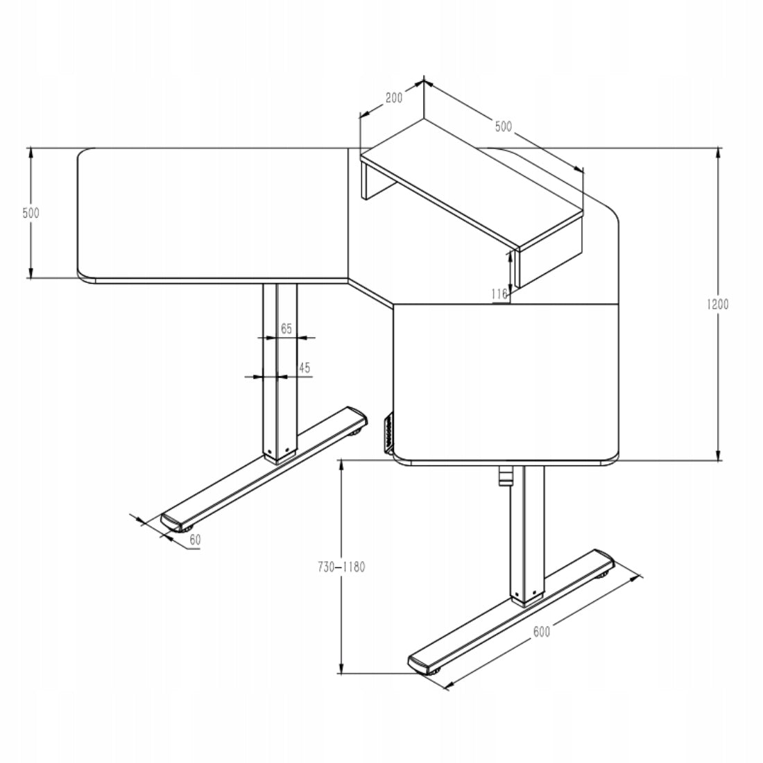 Kampinis elektrinis stalas 120x60 REGULIUOJAMAS USB prievadai Spacetronik loft