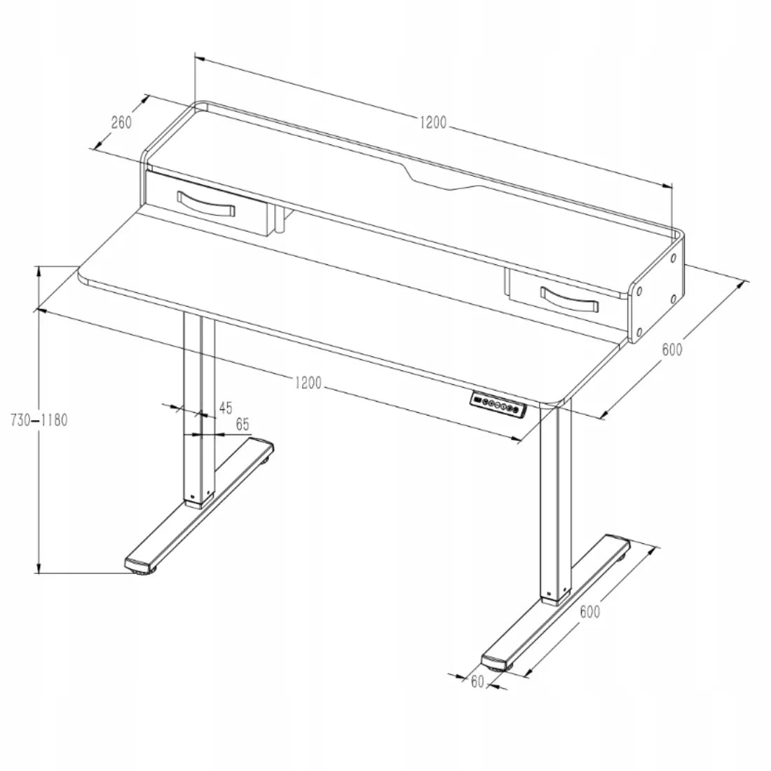 Elektrinis reguliuojamas stalas 120x60 su viršutine dalimi, LED skydeliu ir USB Spacetronik