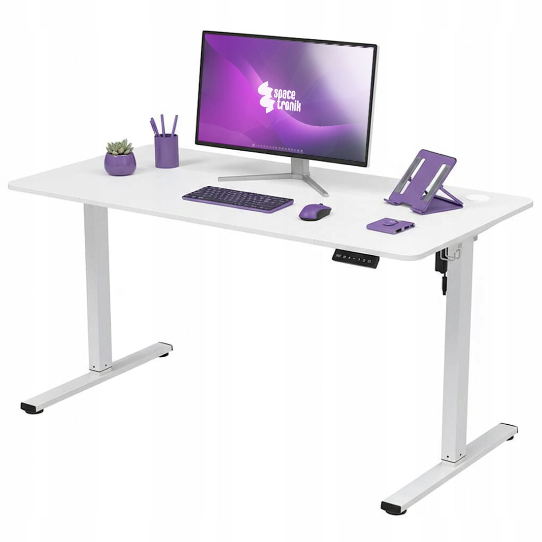 Elektrinis stalas su aukščio reguliavimu 140x70 Spacetronik baltas su LED skydeliu