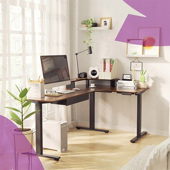 Kampas kompiuterio stalas su stalčiumi DIDELIS 180×120×60cm kairysis dešinysis juodas