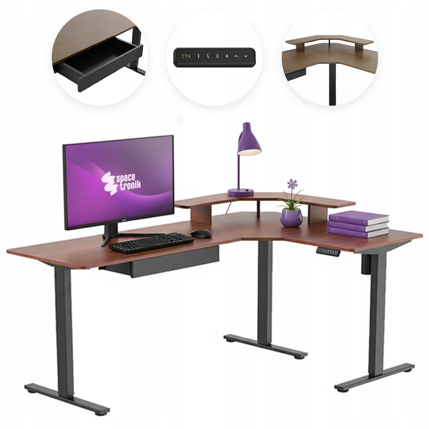 Kampas kompiuterio stalas su stalčiumi DIDELIS 180×120×60cm kairysis dešinysis juodas