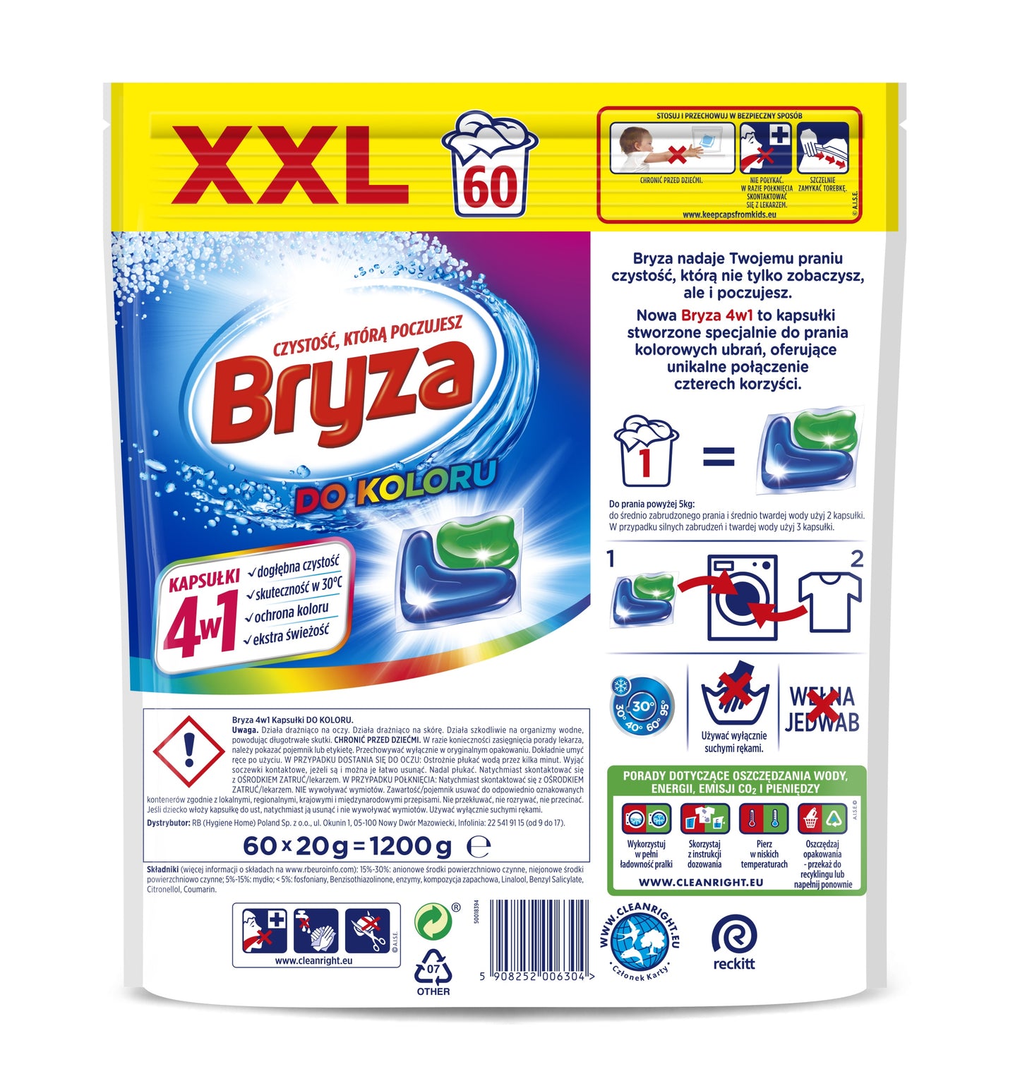 Bryza skalbimo kapsulės Spalva 4in1 Spalvoti audiniai 60 vnt. 60 skalavimų