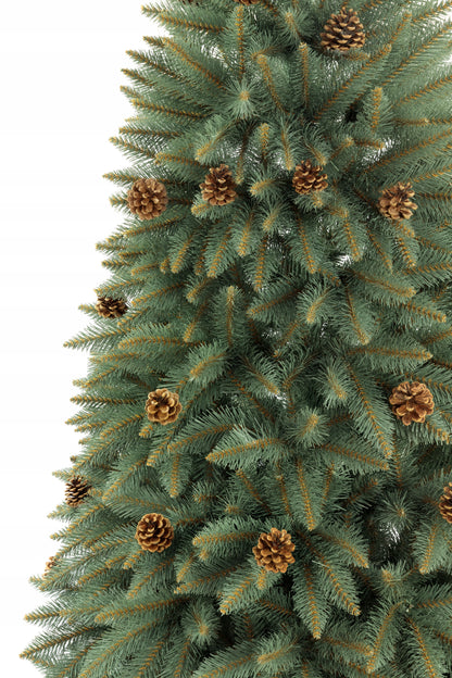 Graži, tanki dirbtinė eglė Sidabrinis eglės modelis su natūraliomis kankorėžiais 220 cm