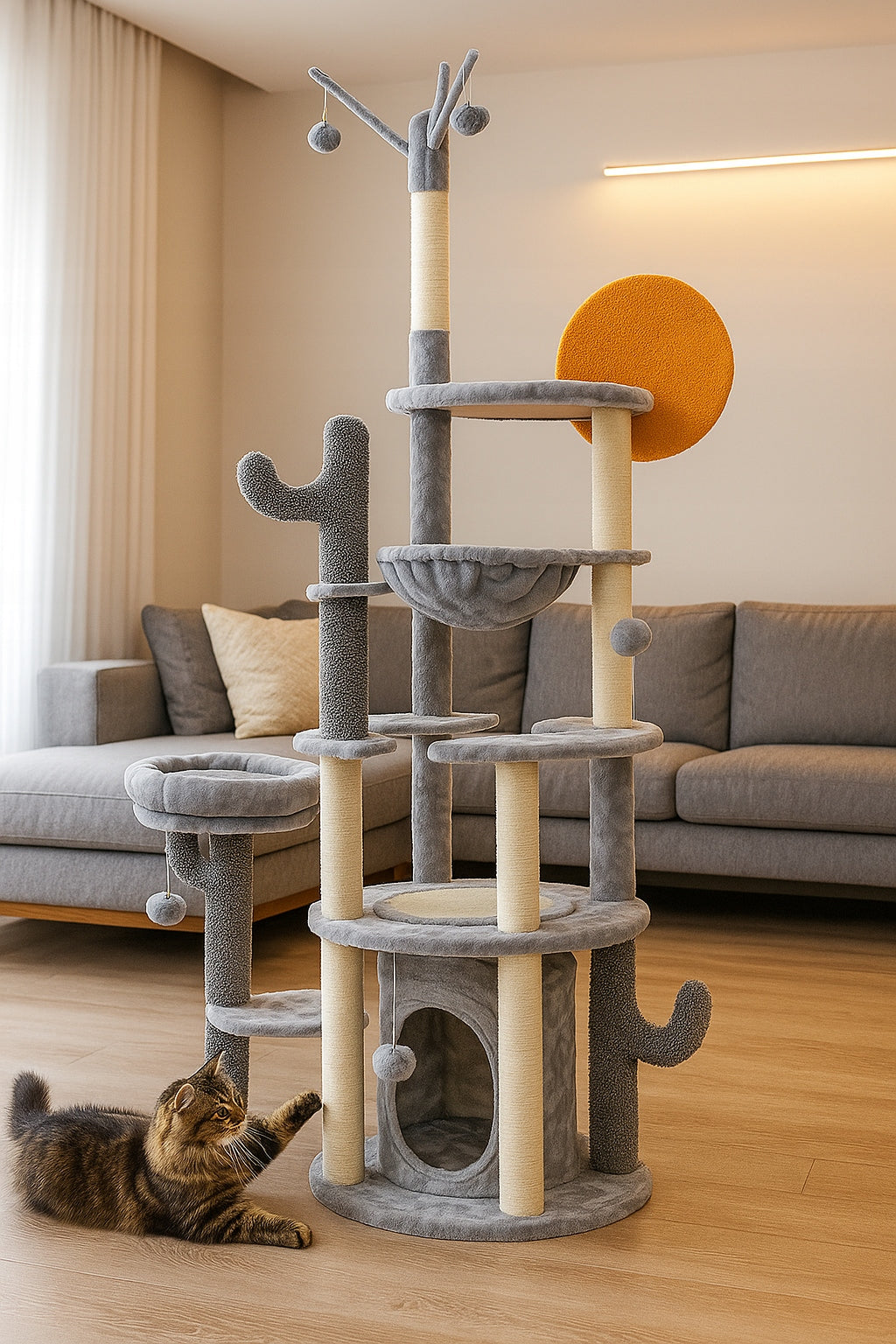 Kačių draskyklė 7 lygiai 179 cm namelis gultas pilkas Royal&Petsky