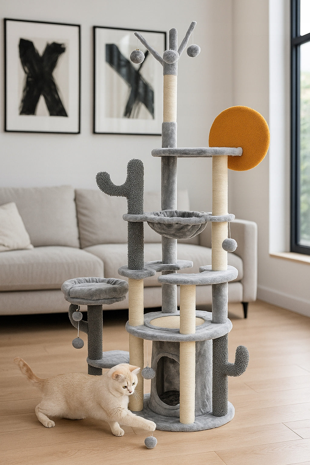 Kačių draskyklė 7 lygiai 179 cm namelis gultas pilkas Royal&Petsky