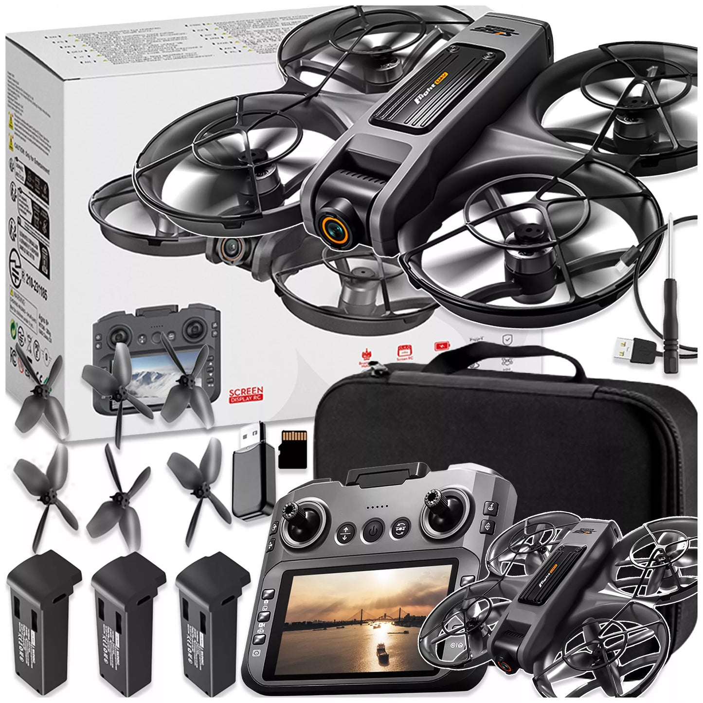 DRONAS S156+ su LCD valdikliu, 2 kameromis, bešepetėliniu varikliu, WIFI, 3 baterijomis, 145g