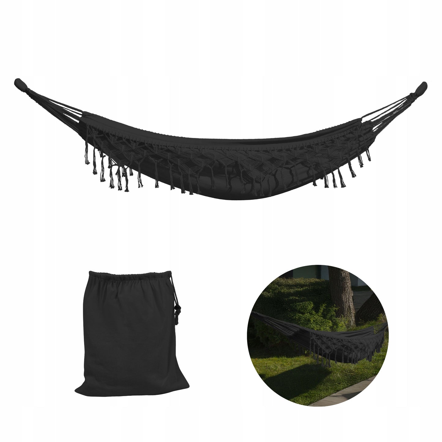 Didelis Sodo Hamakas BOHO Kutai Kelioninis Hamakas Balkonui JUODAS