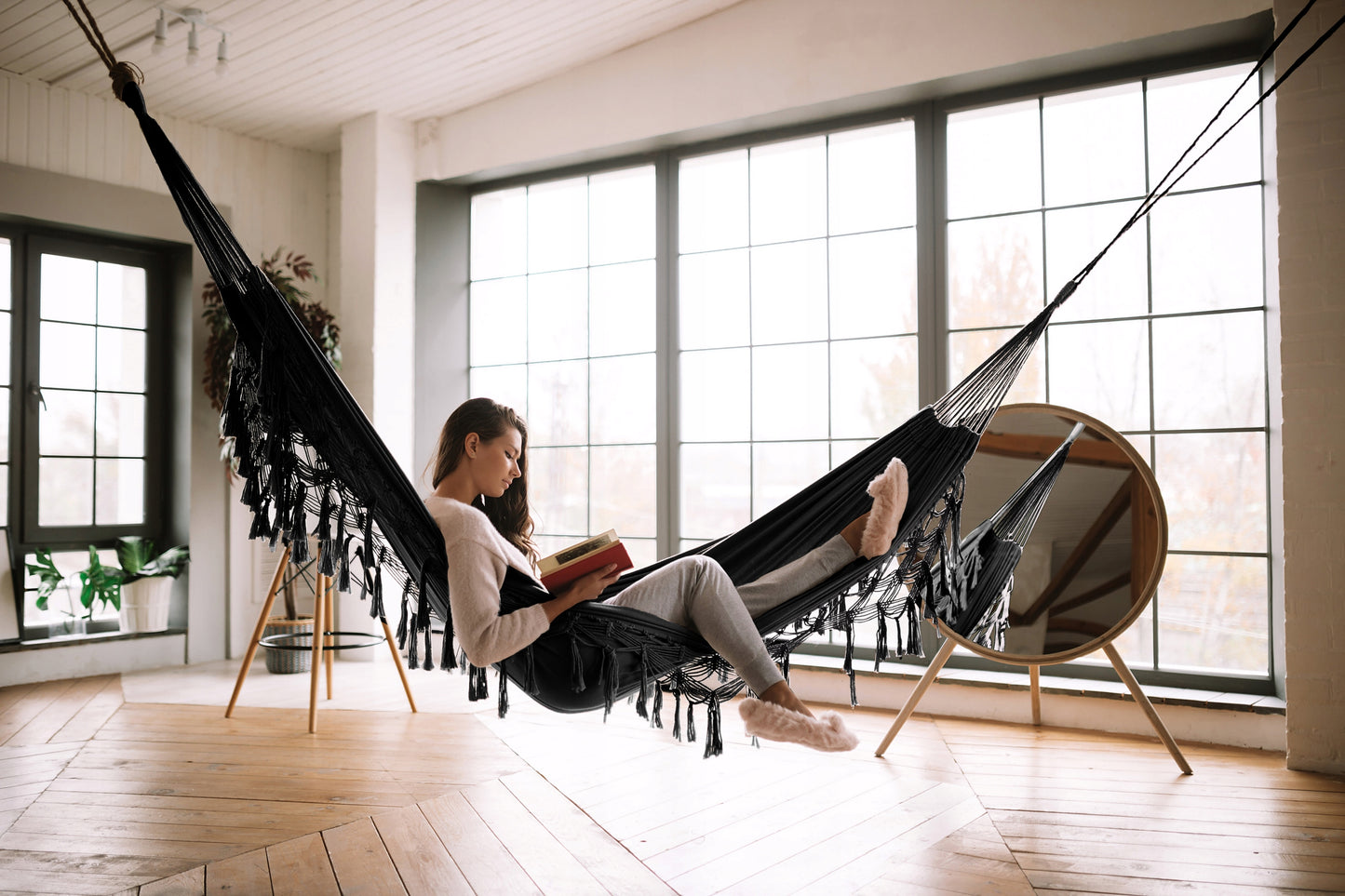 Didelis Sodo Hamakas BOHO Kutai Kelioninis Hamakas Balkonui JUODAS