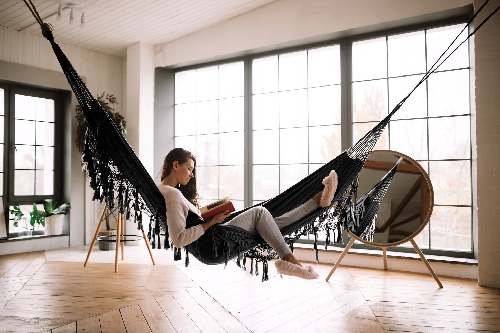 Didelis Sodo Hamakas BOHO Kutai Kelioninis Hamakas Balkonui JUODAS