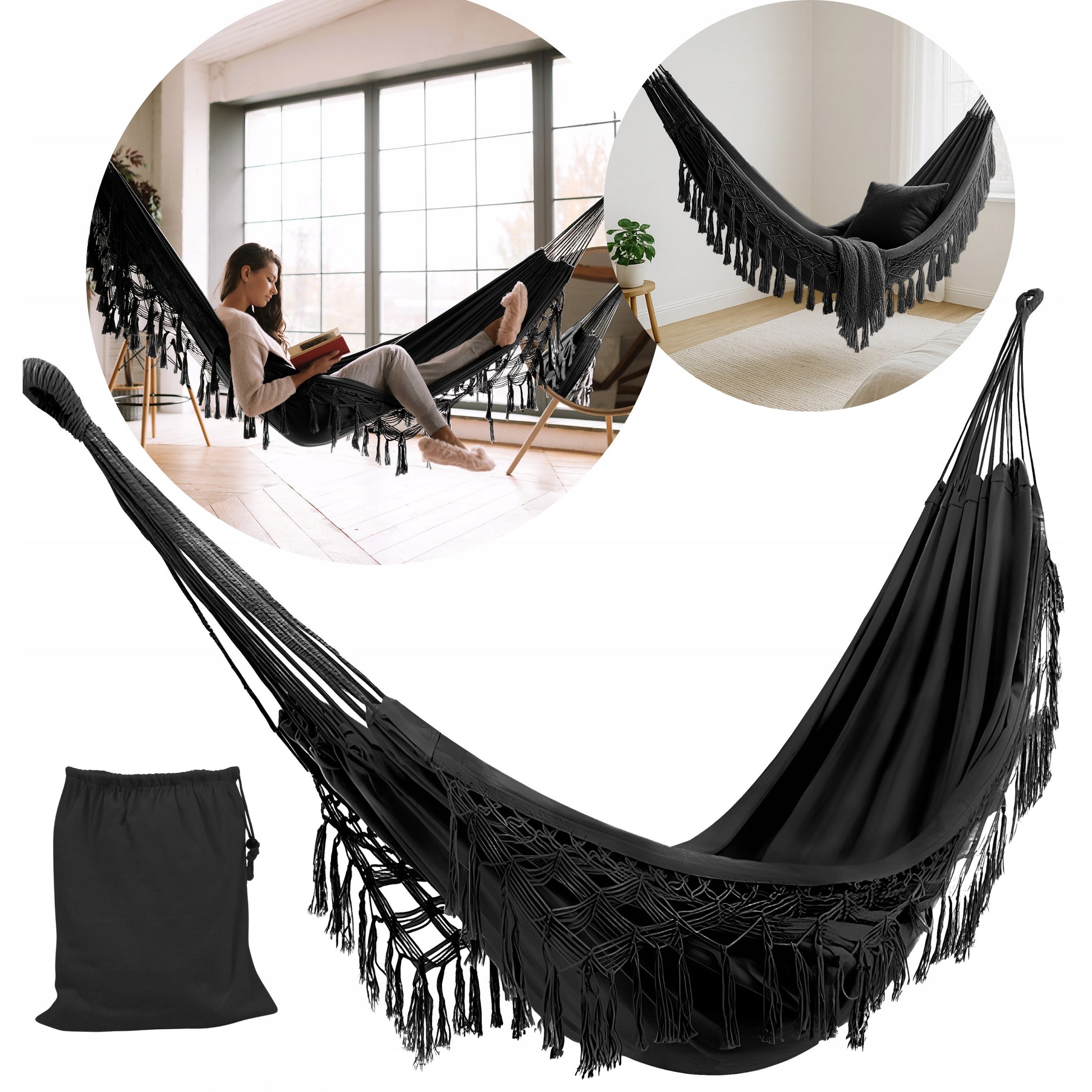 Didelis Sodo Hamakas BOHO Kutai Kelioninis Hamakas Balkonui JUODAS