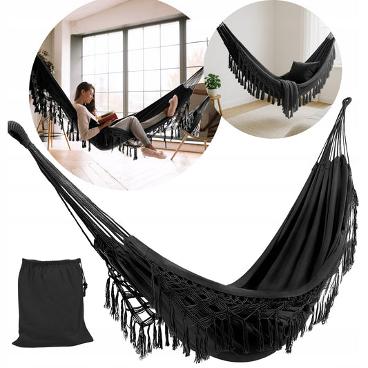 Didelis Sodo Hamakas BOHO Kutai Kelioninis Hamakas Balkonui JUODAS