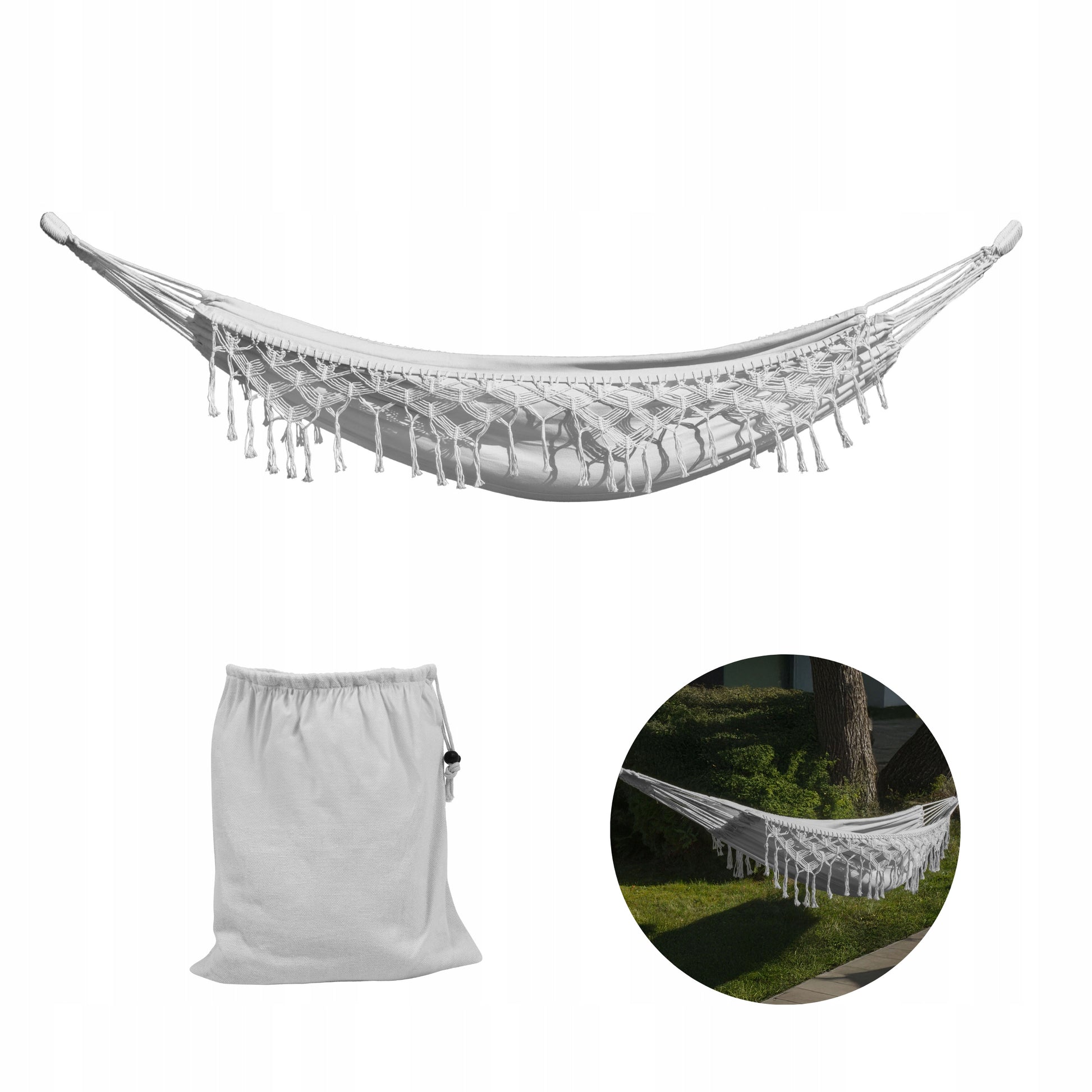 DIDELIS Boho sodinis hamakas su kutais, pilkas kelioninis hamakas balkonui