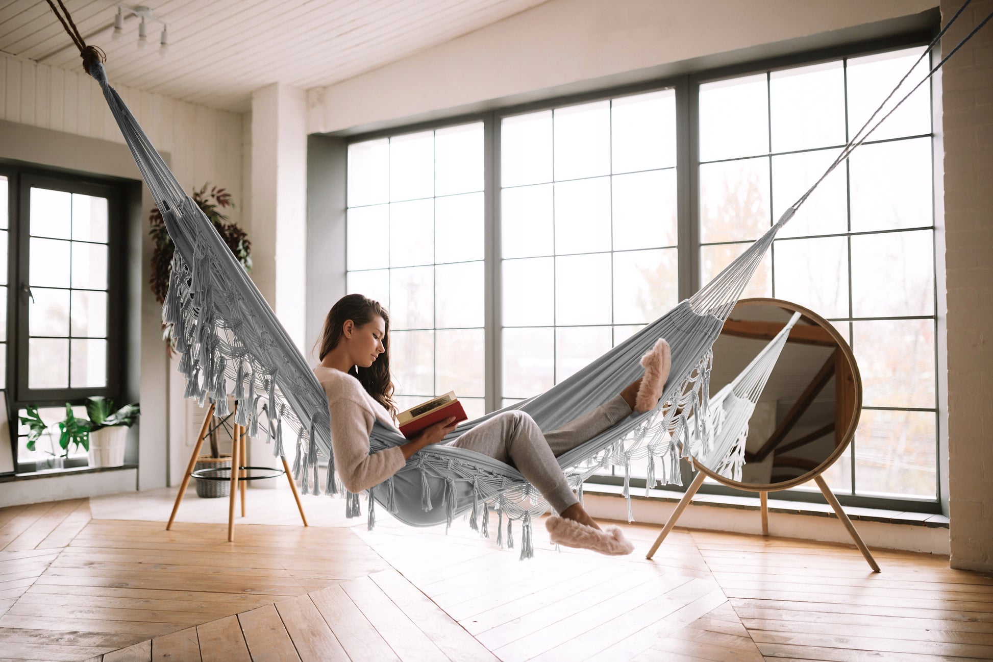 DIDELIS Boho sodinis hamakas su kutais, pilkas kelioninis hamakas balkonui