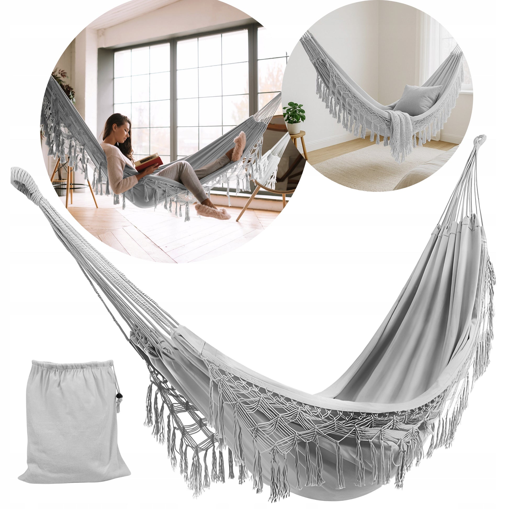 DIDELIS Boho sodinis hamakas su kutais, pilkas kelioninis hamakas balkonui