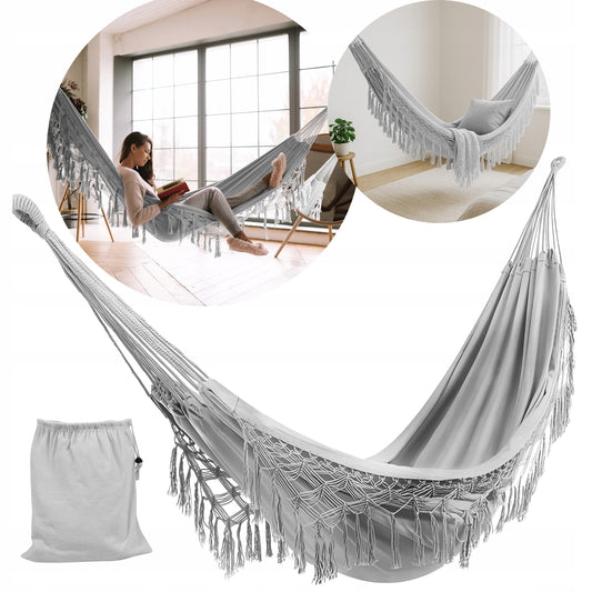 DIDELIS Boho sodinis hamakas su kutais, pilkas kelioninis hamakas balkonui