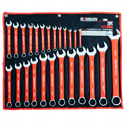 Didelis plokščių raktų komplektas su guminėmis rankenomis 6-36mm, 25 vnt., kilimėlis BENSON BY BLACK