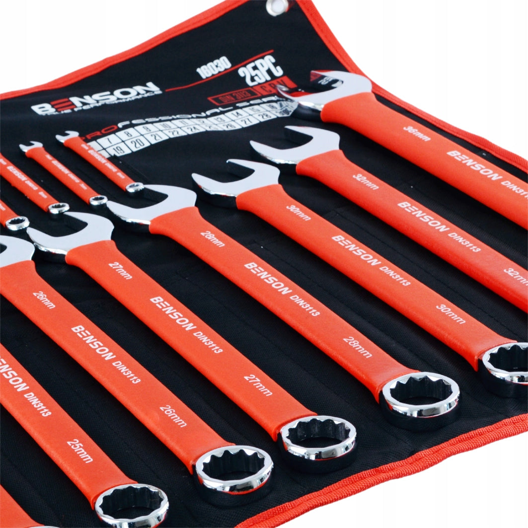 Didelis plokščių raktų komplektas su guminėmis rankenomis 6-36mm, 25 vnt., kilimėlis BENSON BY BLACK