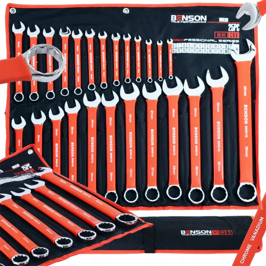 Didelis plokščių raktų komplektas su guminėmis rankenomis 6-36mm, 25 vnt., kilimėlis BENSON BY BLACK