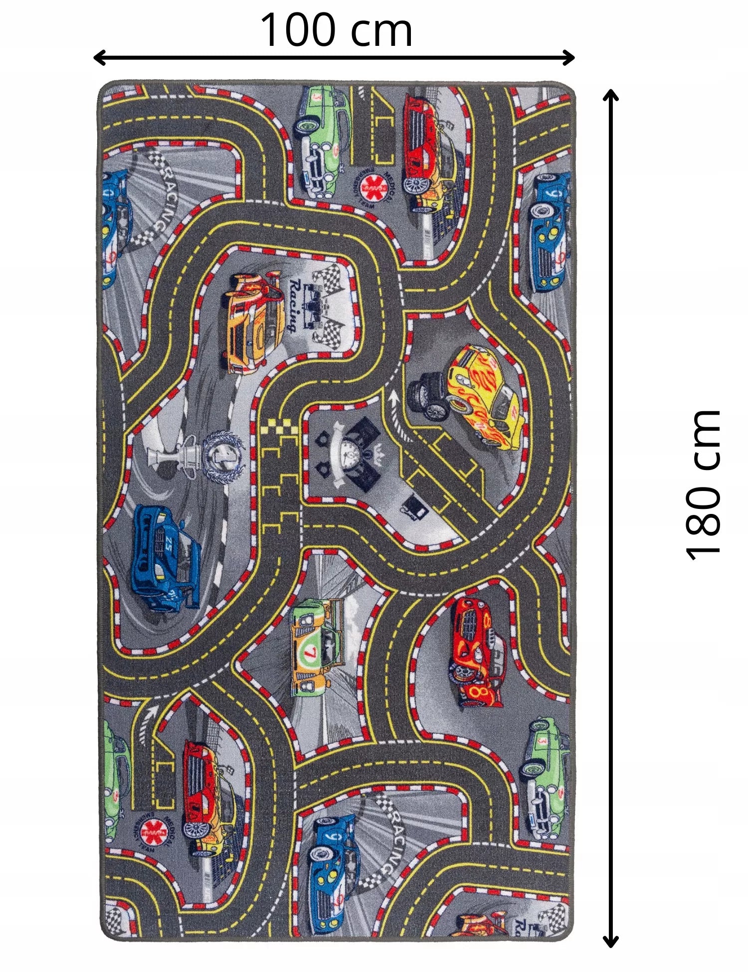 VAIKIŠKAS KILIMAS 100x180cm VAIKAMS SU GATVĖMIS, KELIAIS, LENKTYNIŲ TRASA, AUTOMOBILIAIS