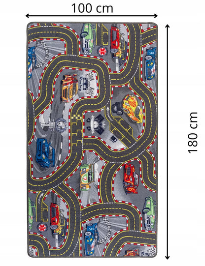 VAIKIŠKAS KILIMAS 100x180cm VAIKAMS SU GATVĖMIS, KELIAIS, LENKTYNIŲ TRASA, AUTOMOBILIAIS