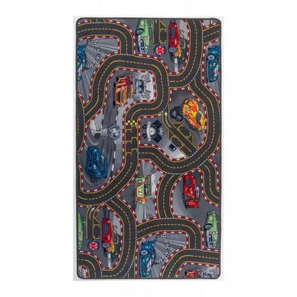 VAIKIŠKAS KILIMAS 100x180cm VAIKAMS SU GATVĖMIS, KELIAIS, LENKTYNIŲ TRASA, AUTOMOBILIAIS