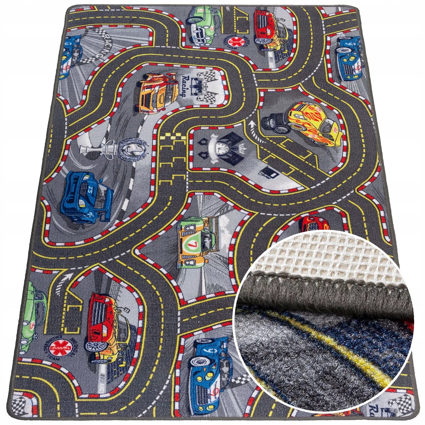 VAIKIŠKAS KILIMAS 100x180cm VAIKAMS SU GATVĖMIS, KELIAIS, LENKTYNIŲ TRASA, AUTOMOBILIAIS