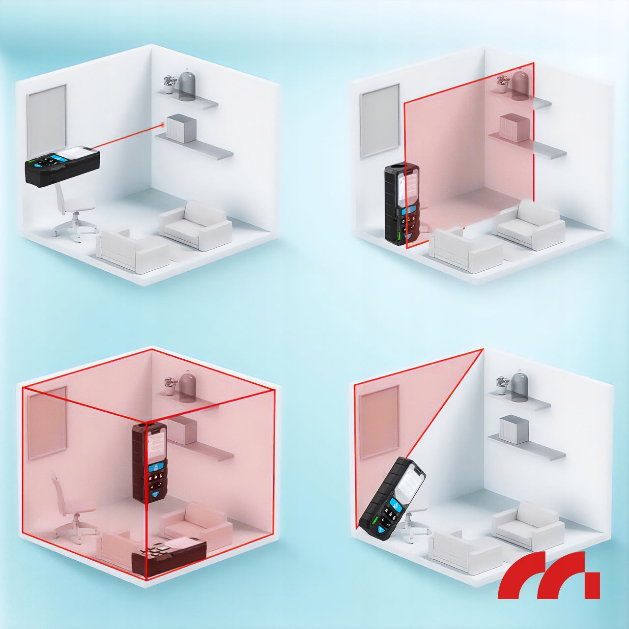 Lazerinis atstumo matuoklis 50m, skaitmeninis kampainis matuoklis ir gulsčiukas